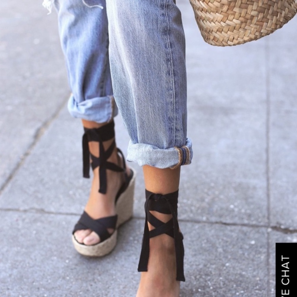 Lulus Black Lace-Up Espadrille Wedges